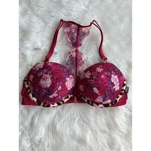 Victoria's Secret PINK Date Push Up Lace Bra Animal Print Trim Raspberry Floral
